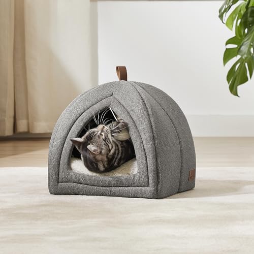 Bedsure Cat Cave Bed Igloo - Cat Tent Bed House with Removable Washable Cushion Pillow Foldable Portable Pet Bed,Dark Grey, 40x40x40cm