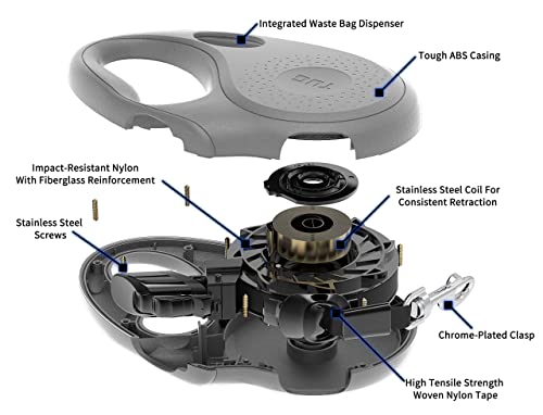 TUG Oval 360° Tangle-Free Retractable Dog Lead with Integrated Waste Bag Dispenser (Medium, Grey)