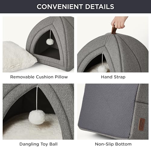 Bedsure Cat Cave Bed Igloo - Cat Tent Bed House with Removable Washable Cushion Pillow Foldable Portable Pet Bed,Dark Grey, 40x40x40cm