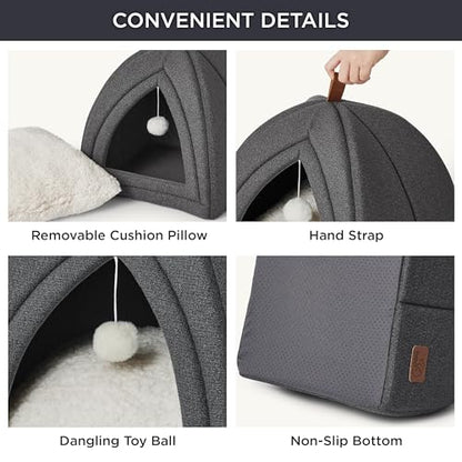 Bedsure Cat Cave Bed Igloo - Cat Tent Bed House with Removable Washable Cushion Pillow Foldable Portable Pet Bed,Dark Grey, 40x40x40cm