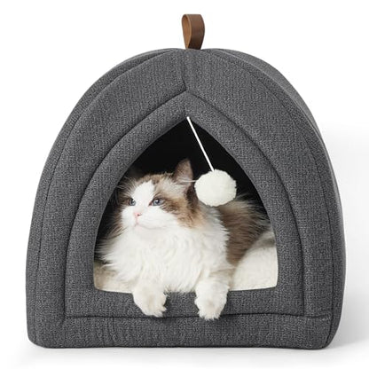 Bedsure Cat Cave Bed Igloo - Cat Tent Bed House with Removable Washable Cushion Pillow Foldable Portable Pet Bed,Dark Grey, 40x40x40cm