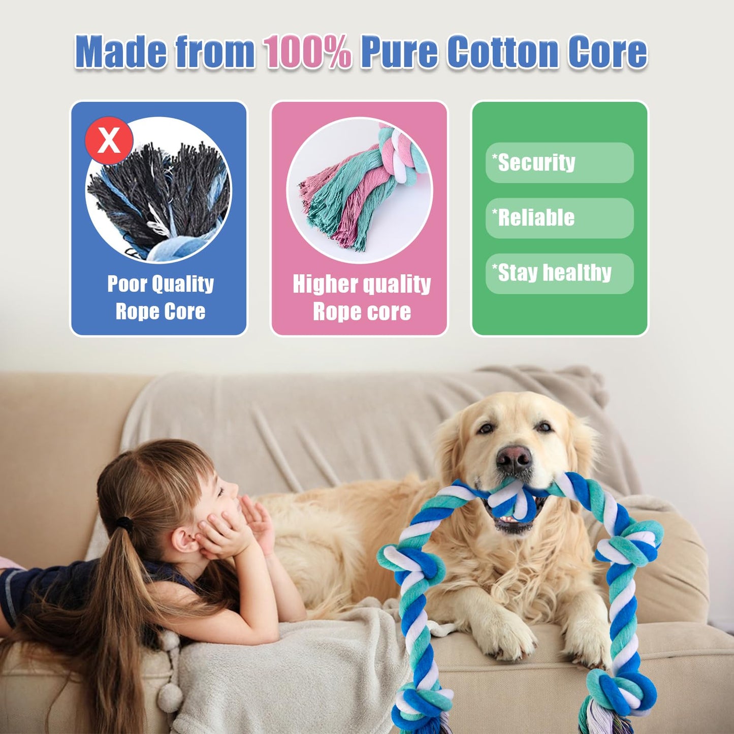 XL Dog Rope Toys for Aggressive Chewers - Set of 2 Heavy Duty XL Dog Rope Toy for Large Breed Puppy- 100% Cotton Strong, Sturdy Rope - Medium and Large Dogs for Chewing, Teething, Tug of War