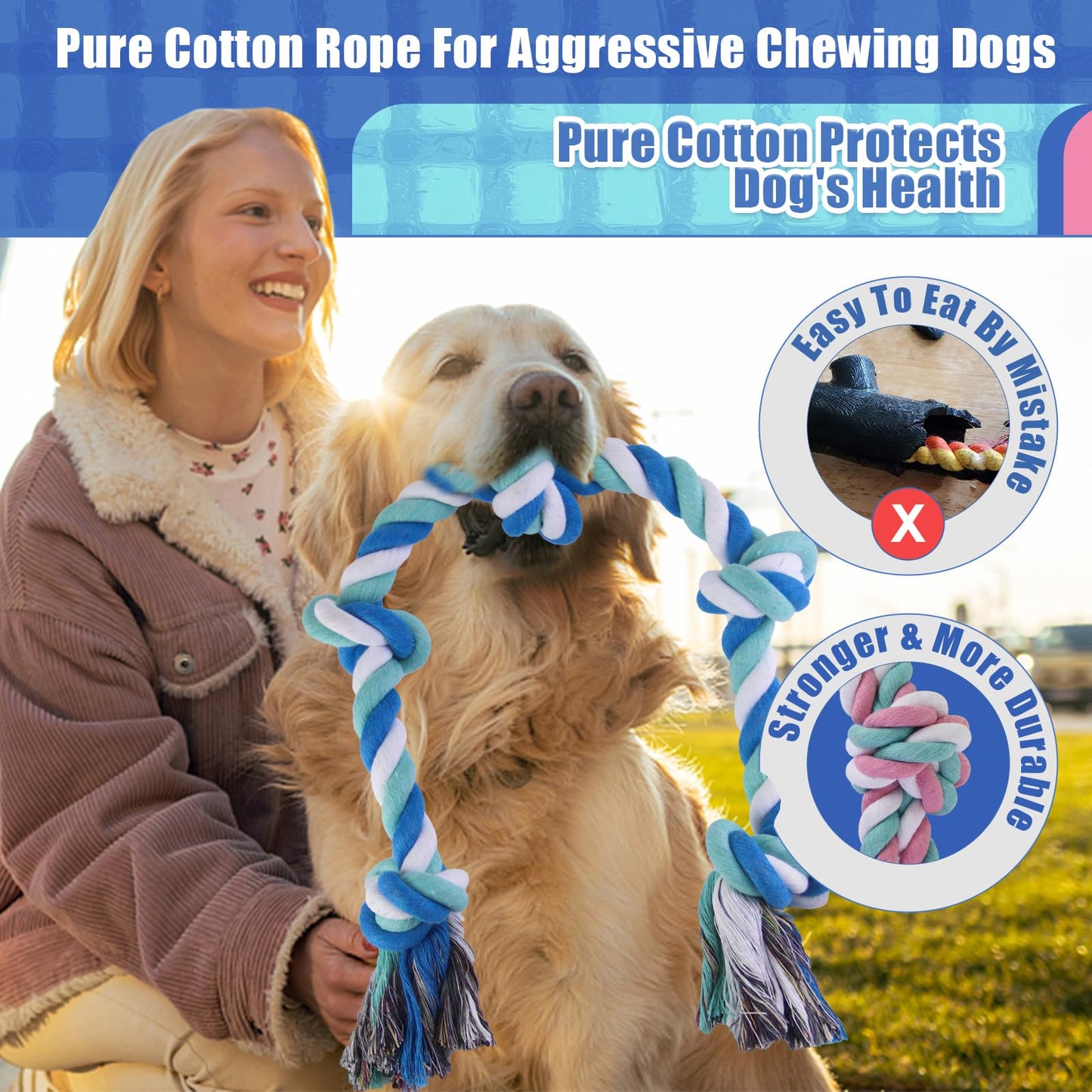 XL Dog Rope Toys for Aggressive Chewers - Set of 2 Heavy Duty XL Dog Rope Toy for Large Breed Puppy- 100% Cotton Strong, Sturdy Rope - Medium and Large Dogs for Chewing, Teething, Tug of War